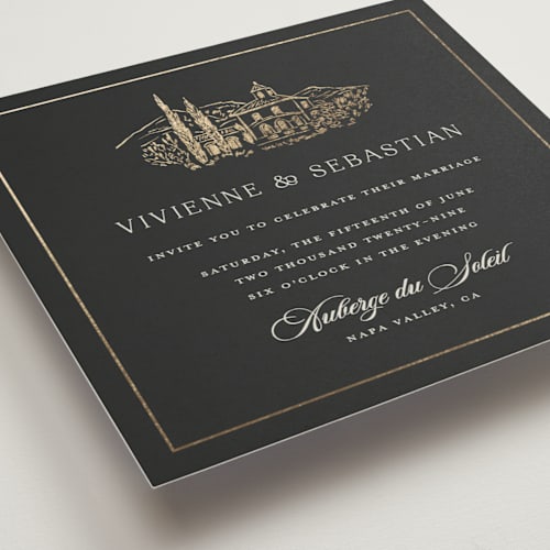 This is a tuxedo foil stamped wedding invitations with foil pressed by Lucrecia Caporale called country elegance printing on signature in standard