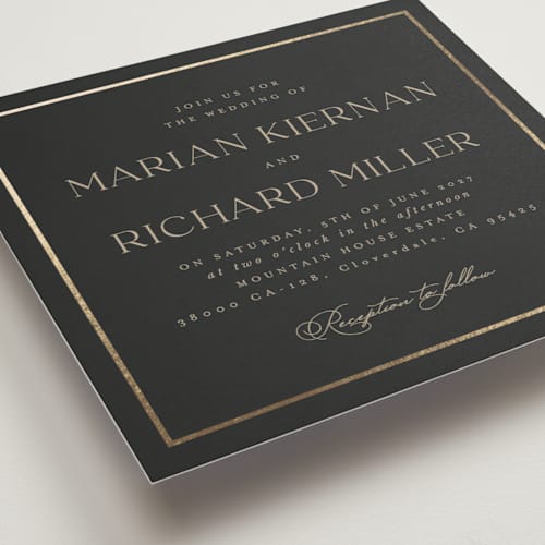 This is a charcoal foil stamped wedding invitations with foil pressed by Lucrecia Caporale called timeless charm printing on signature in standard