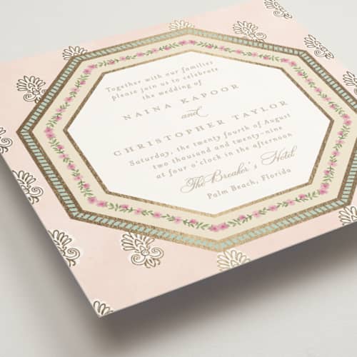 This is a shubh foil stamped wedding invitations with foil pressed by Creo Study called amalgamation printing on signature in standard