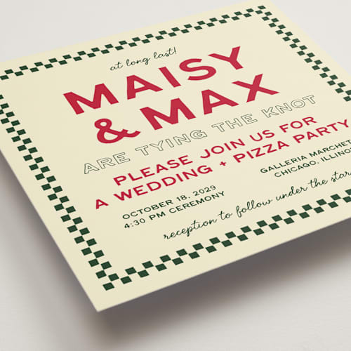 This is a pizzeria wedding invitations with standard by Ani Somi called trattoria printing on signature in standard