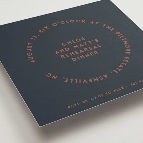 This is a midnight rehearsal dinner invitations with standard by Gwen Bedat called round printing on signature in standard