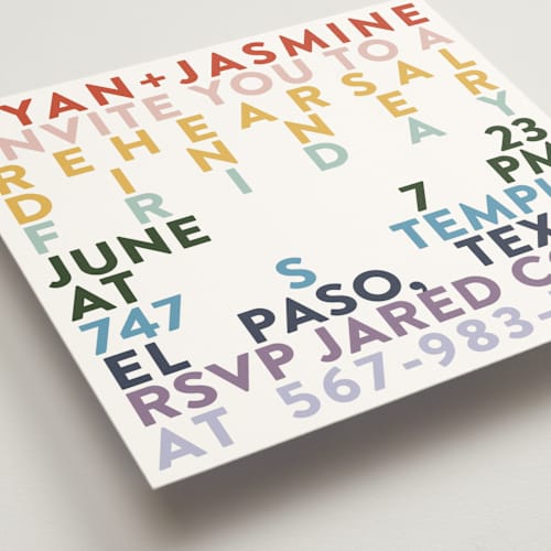 This is a confetti rehearsal dinner invitations with standard by Carolyn Hunt called rainbow rehearsal printing on signature in standard