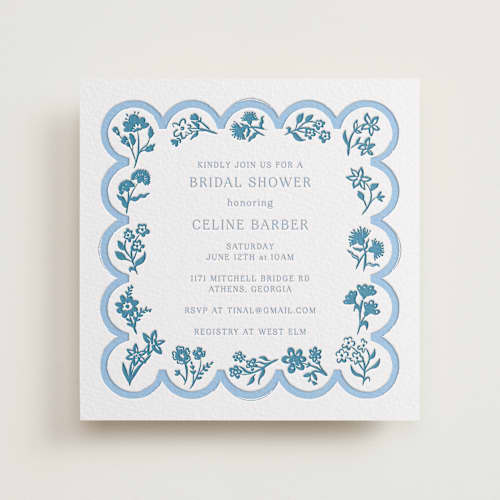 This is a robin's egg | marine blue bridal shower invitations with letterpress by Hannah Bowman called petite jolie printing on white cotton in standard
