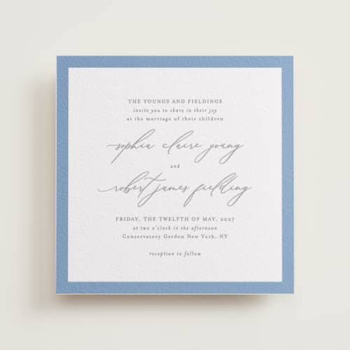 This is a smoke | pacific blue letterpress wedding invitations with letterpress by Design Lotus called fondness printing on white cotton in standard
