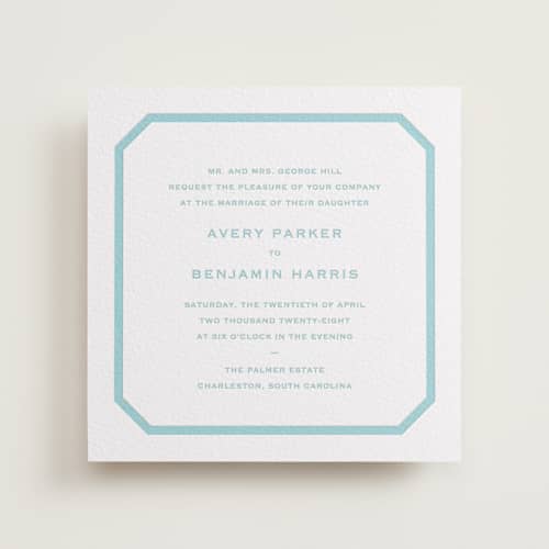 This is a robin's egg letterpress wedding invitations with letterpress by Megan Davis called danbury printing on white cotton in standard