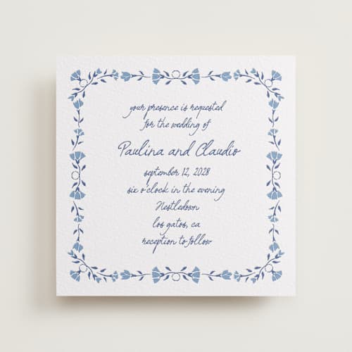 This is a lapis | pacific blue letterpress wedding invitations with letterpress by Tamara Hilje called talavera printing on white cotton in standard