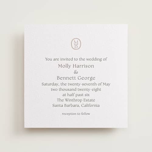 This is a cacao bean letterpress wedding invitations with letterpress by Megan Davis called perriand printing on white cotton in standard
