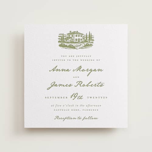 This is a olive letterpress wedding invitations with letterpress by Maja Cunningham called villa printing on white cotton in standard