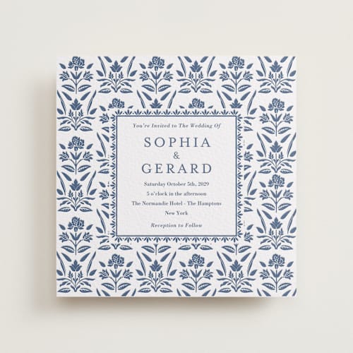 This is a blueberry letterpress wedding invitations with letterpress by Oma N. Ramkhelawan called pressed motif printing on white cotton in standard