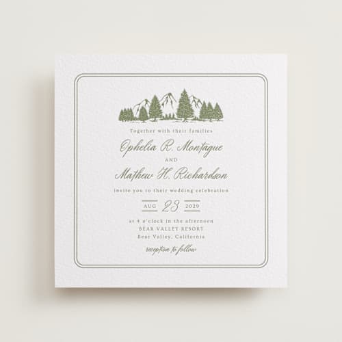 This is a artichoke letterpress wedding invitations with letterpress by Ana Sharpe called summit meadows printing on white cotton in standard