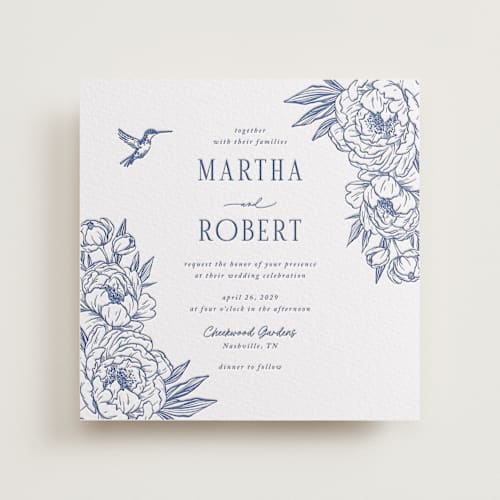 This is a lapis letterpress wedding invitations with letterpress by Sherley Ferreira called botanical dream printing on white cotton in standard
