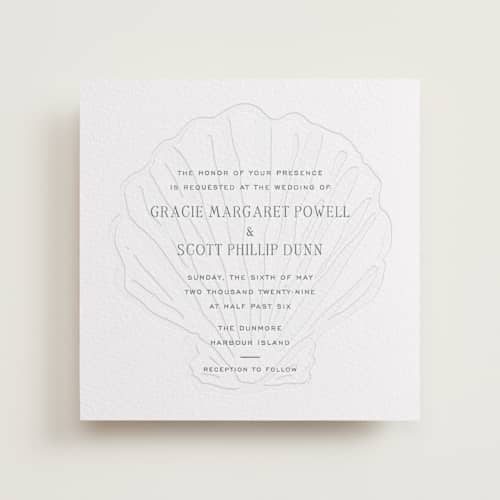 This is a fern | blind deboss letterpress wedding invitations with letterpress by Megan Davis called isle printing on white cotton in standard