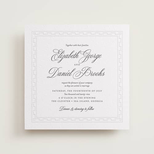 This is a soft black | blind deboss letterpress wedding invitations with letterpress by Alston Foster called infinite printing on white cotton in standard