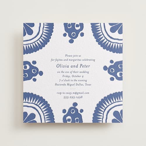 This is a lapis rehearsal dinner invitations with letterpress by Lagniappe Paper called talavera printing on white cotton in standard