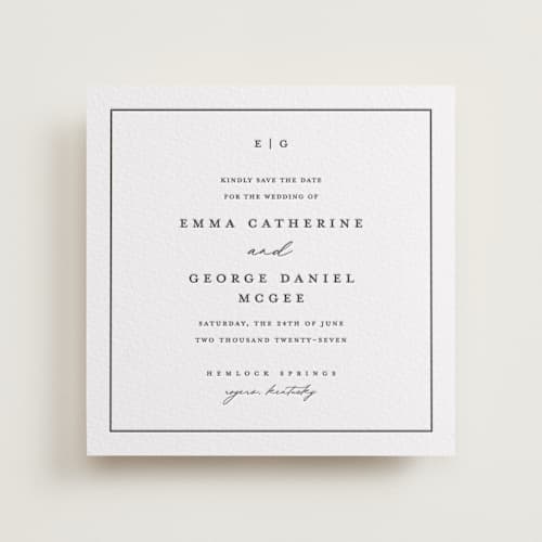 This is a soft black save the date with letterpress by Stacey Meacham called heritage printing on white cotton in standard