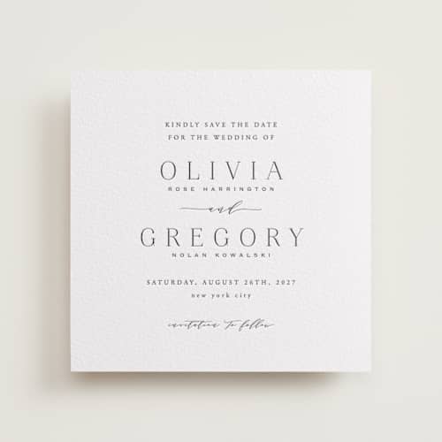 This is a soft black save the date with letterpress by Hooray Creative called classy type printing on white cotton in 6x6