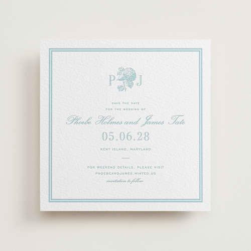 This is a vista save the date with letterpress by Megan Davis called chesapeake printing on white cotton in standard