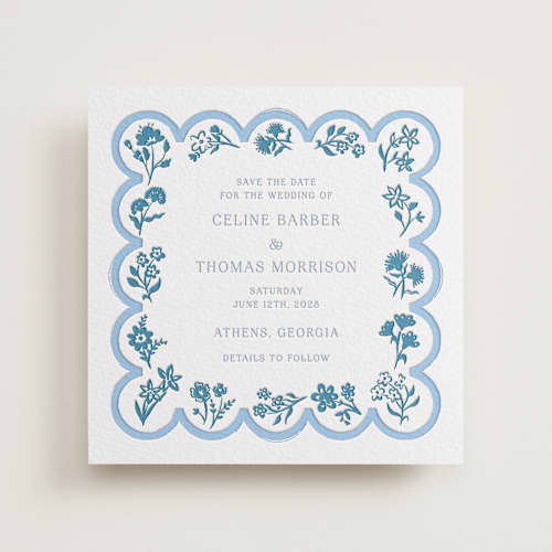 This is a robin's egg save the date with letterpress by Hannah Bowman called petite jolie printing on white cotton in standard