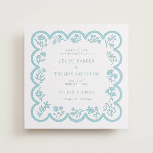 This is a robin's egg save the date with letterpress by Hannah Bowman called petite jolie printing on white cotton in standard