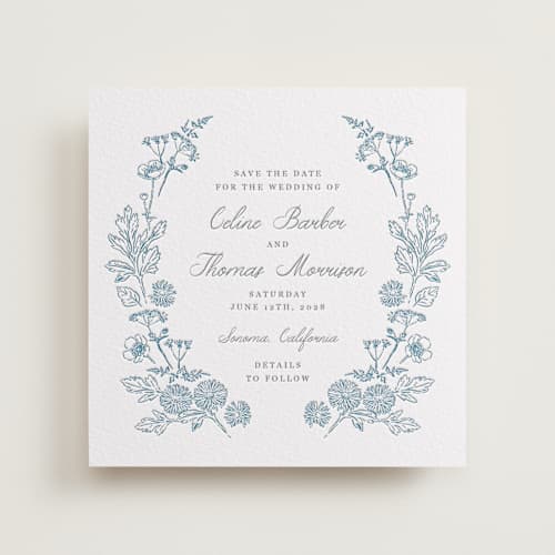 This is a pacific blue save the date with letterpress by Hannah Bowman called toile frame printing on white cotton in standard