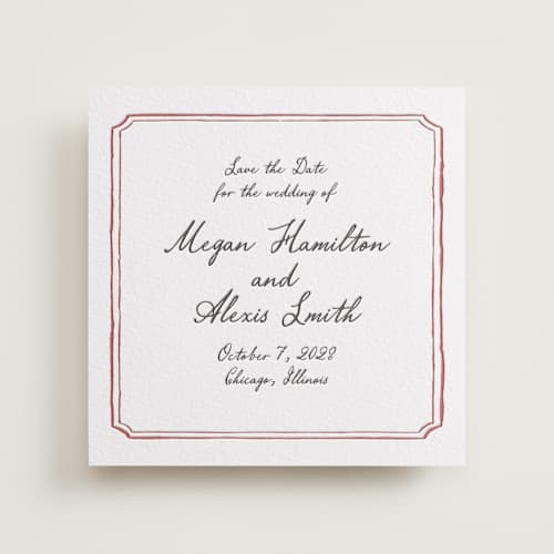 This is a maraschino save the date with letterpress by Cass Loh called handwritten printing on white cotton in standard
