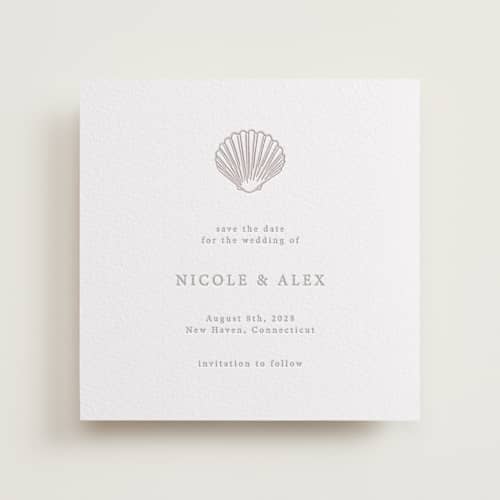 This is a dove grey save the date with letterpress by Hannah Bowman called simple seashell printing on white cotton in standard