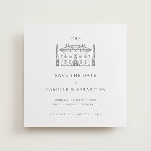 This is a graphite save the date with letterpress by Melinda Denison called italian countryside printing on white cotton in standard