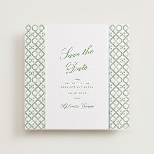 This is a fern save the date with letterpress by Angela Garrick called garden trellis printing on white cotton in standard