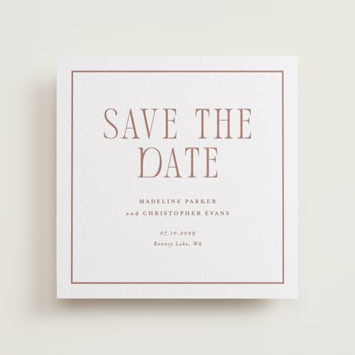This is a cinnamon save the date with letterpress by Angela Garrick called parker printing on white cotton in standard
