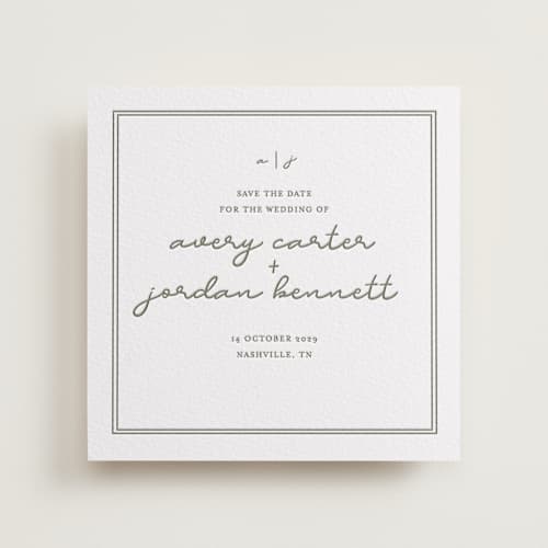This is a artichoke save the date with letterpress by Brittney Jensen called the verdure suite printing on white cotton in standard