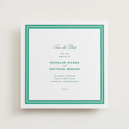 This is a fern save the date with letterpress by Blustery August called keepsake printing on white cotton in standard