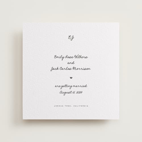 This is a soft black save the date with letterpress by Blustery August called lover's lantern printing on white cotton in standard