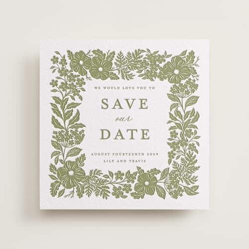 This is a artichoke save the date with letterpress by Sarah Knight called ethereal gardens printing on white cotton in standard