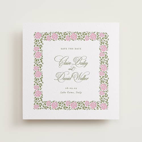This is a lotus save the date with letterpress by Creo Study called vintage blooms printing on white cotton in standard