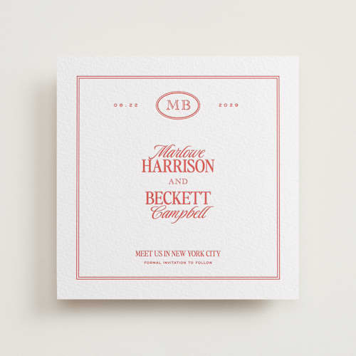This is a ruby save the date with letterpress by Jenna Holcomb called vermilion printing on white cotton in standard