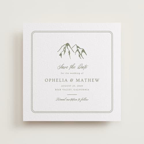This is a artichoke save the date with letterpress by Ana Sharpe called summit meadows printing on white cotton in standard