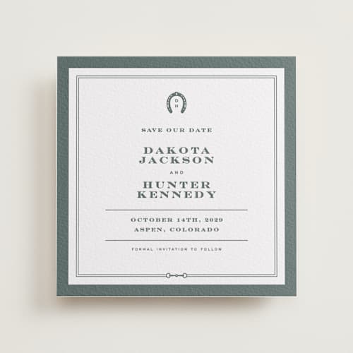This is a slate save the date with letterpress by Jenna Holcomb called the ranch printing on white cotton in standard