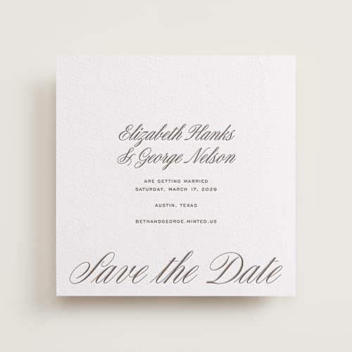 This is a cacao bean save the date with letterpress by Megan Davis called basque printing on white cotton in standard