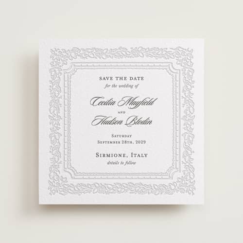 This is a soft black save the date with letterpress by Pati Cascino called sirmione printing on white cotton in standard