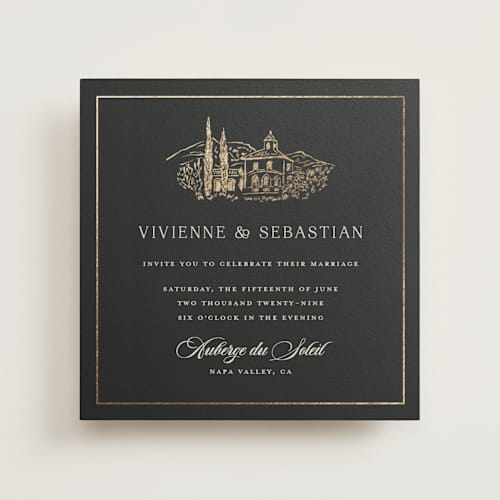 This is a tuxedo foil stamped wedding invitations with foil pressed by Lucrecia Caporale called country elegance printing on signature in standard