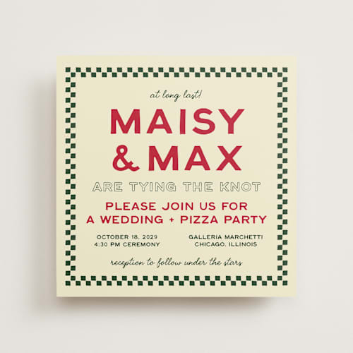 This is a pizzeria wedding invitations with standard by Ani Somi called trattoria printing on signature in standard