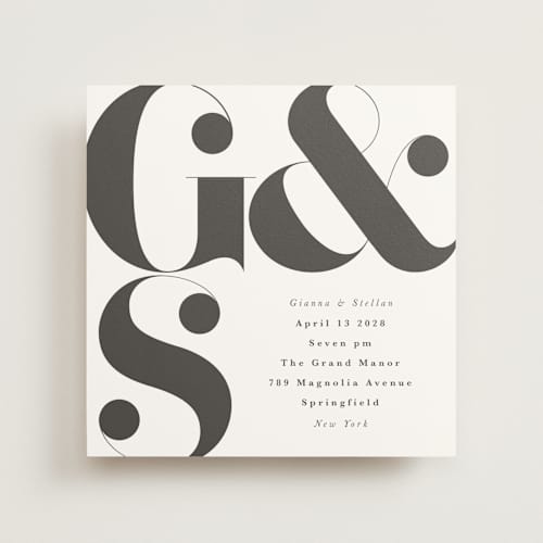 This is a charcoal wedding invitations with standard by Lori Wemple called monogram square printing on signature in standard