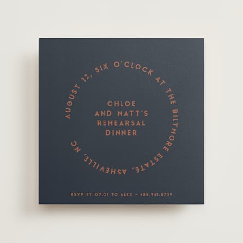 This is a midnight rehearsal dinner invitations with standard by Gwen Bedat called round printing on signature in standard