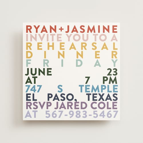 This is a confetti rehearsal dinner invitations with standard by Carolyn Hunt called rainbow rehearsal printing on signature in standard