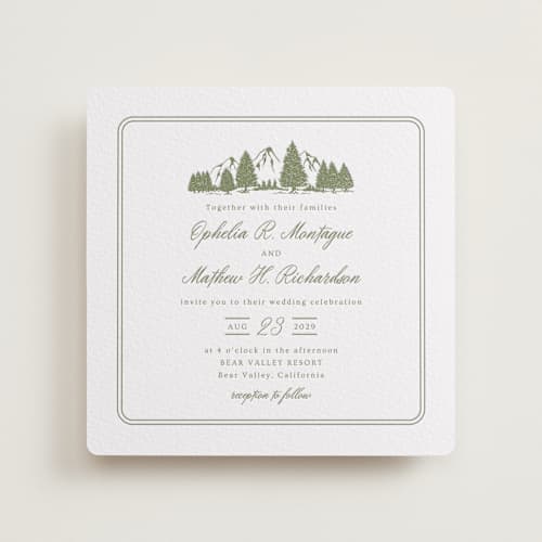 This is a olive letterpress wedding invitations with letterpress by Ana Sharpe called summit meadows printing on white cotton in standard