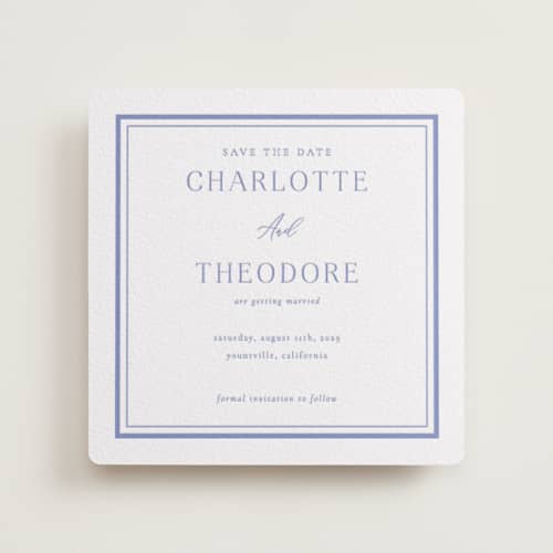 This is a bluebell save the date with letterpress by Jen Movitz called simple type printing on white cotton in standard