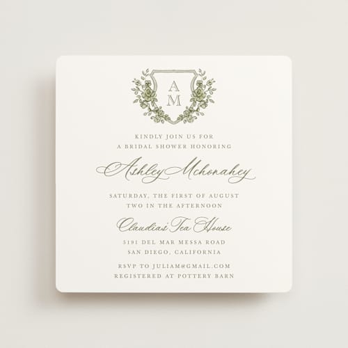 This is a moss bridal shower invitations with standard by Cass Loh called watercolor flowers crest printing on signature in standard