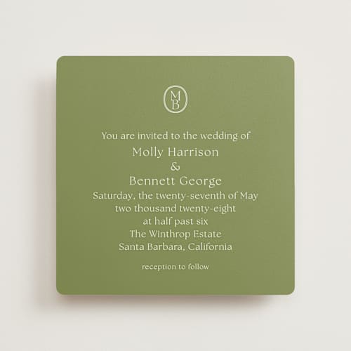 This is a moss wedding invitations with standard by Megan Davis called perriand printing on signature in standard