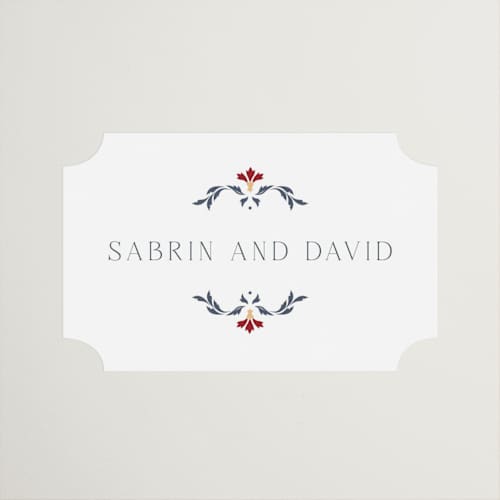 This is a scarlet wedding favor labels with standard by Sabrin Deirani called islamic arch printing on uncoated sticker paper in sticker