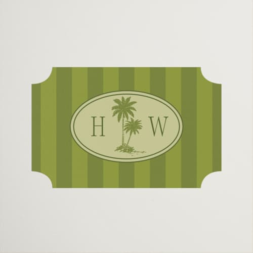 This is a palm wedding favor labels with standard by Jenna Holcomb called west coast toile printing on uncoated sticker paper in sticker